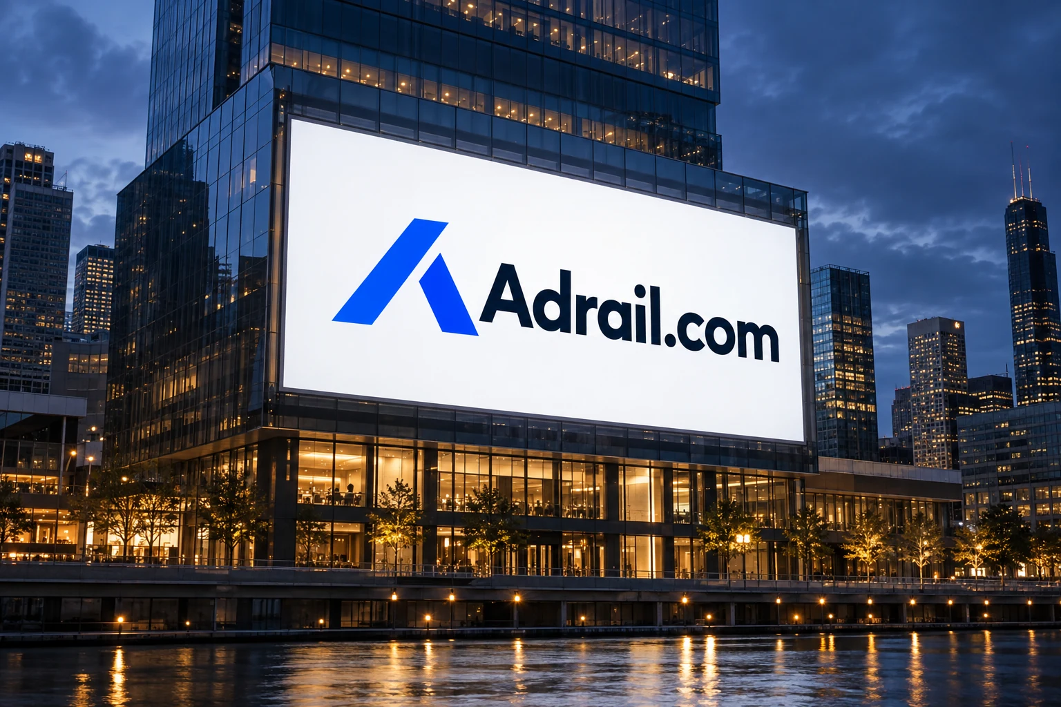 Adrail.com displayed on an architectural media facade at dusk