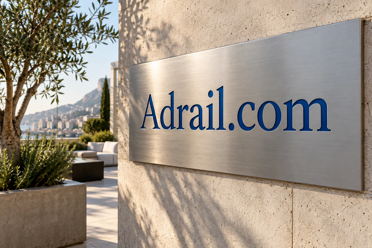 Adrail.com lettering integrated into a pale architectural facade